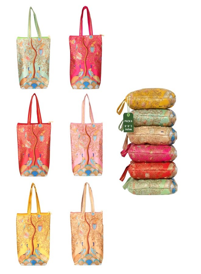 ekysa dekor Women Handbag with Double Pocket and Zip, More Design Multipurpose Handbags For Daily Errands, Temple Visits, Gifting, or Pairing with Sarees[Multicolor, 9X8x3 Inch, Pack Of 6] - Image 1